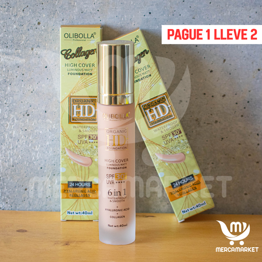 2X1 Base de maquillaje- Con protección solar SPF 30+, Colágeno + vitamina E para cuidado facial