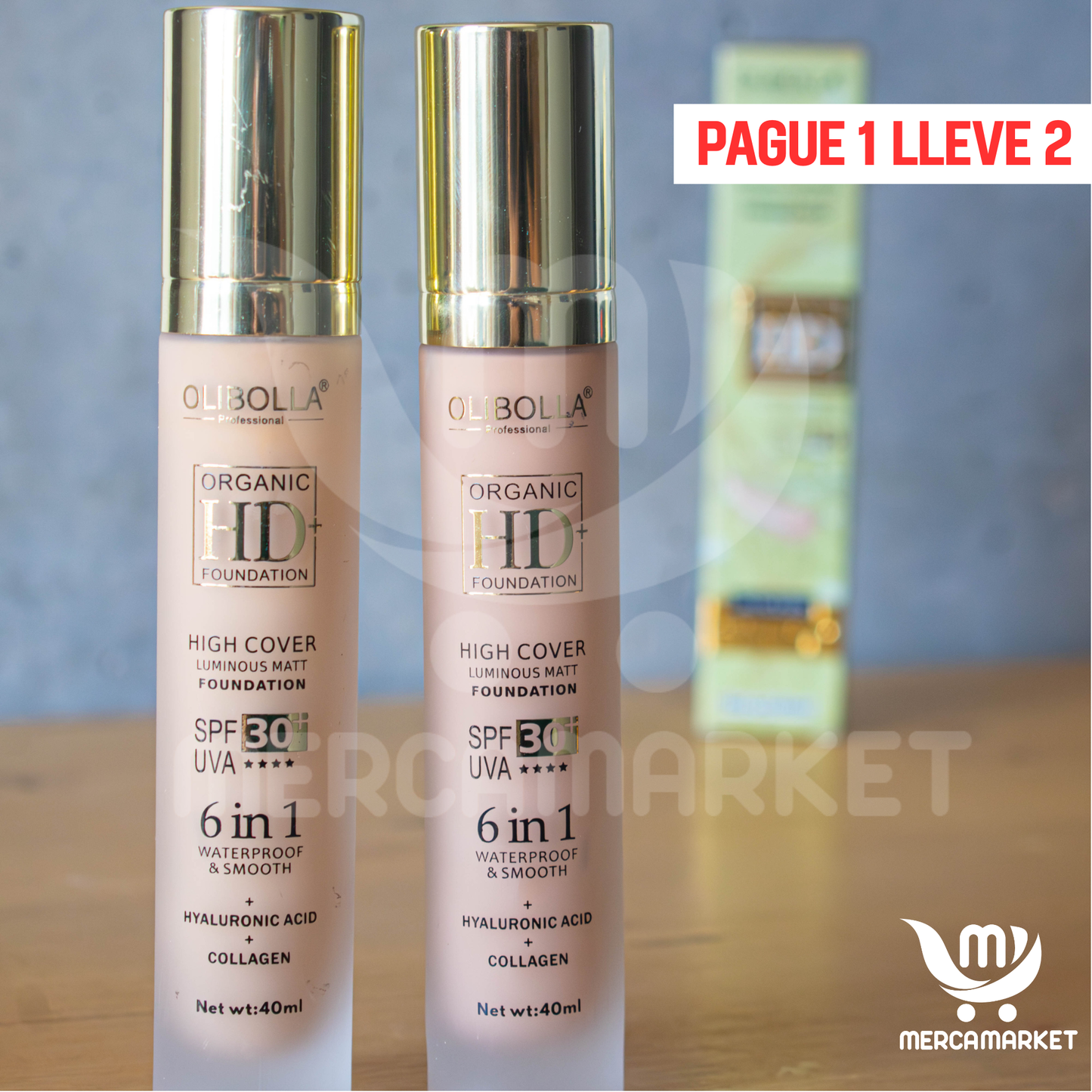 2X1 Base de maquillaje- Con protección solar SPF 30+, Colágeno + vitamina E para cuidado facial