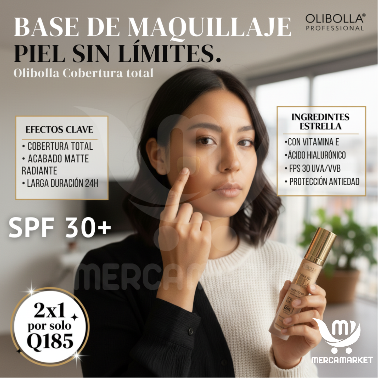 2X1 Base de maquillaje- Con protección solar SPF 30+, Colágeno + vitamina E para cuidado facial