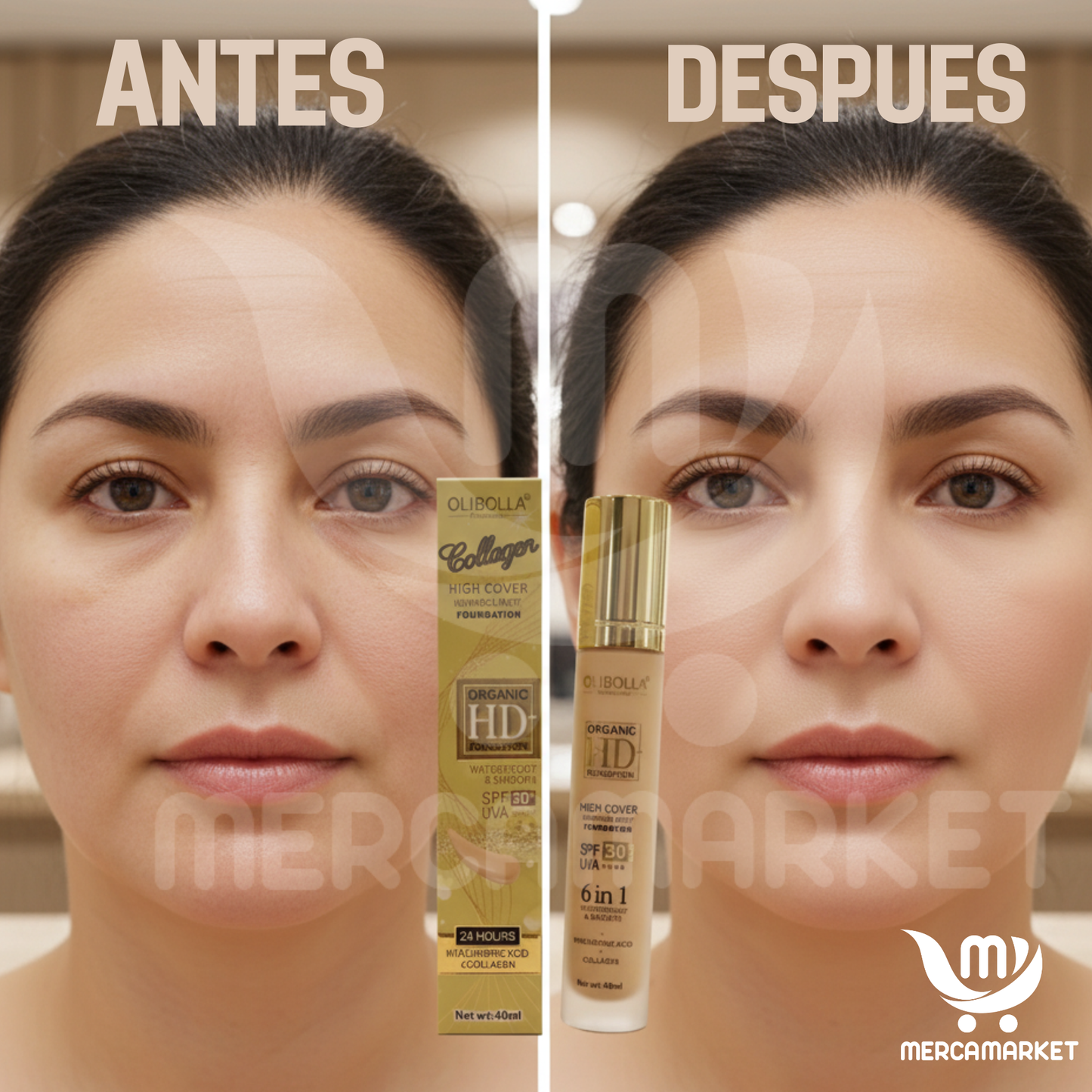 2X1 Base de maquillaje- Con protección solar SPF 30+, Colágeno + vitamina E para cuidado facial