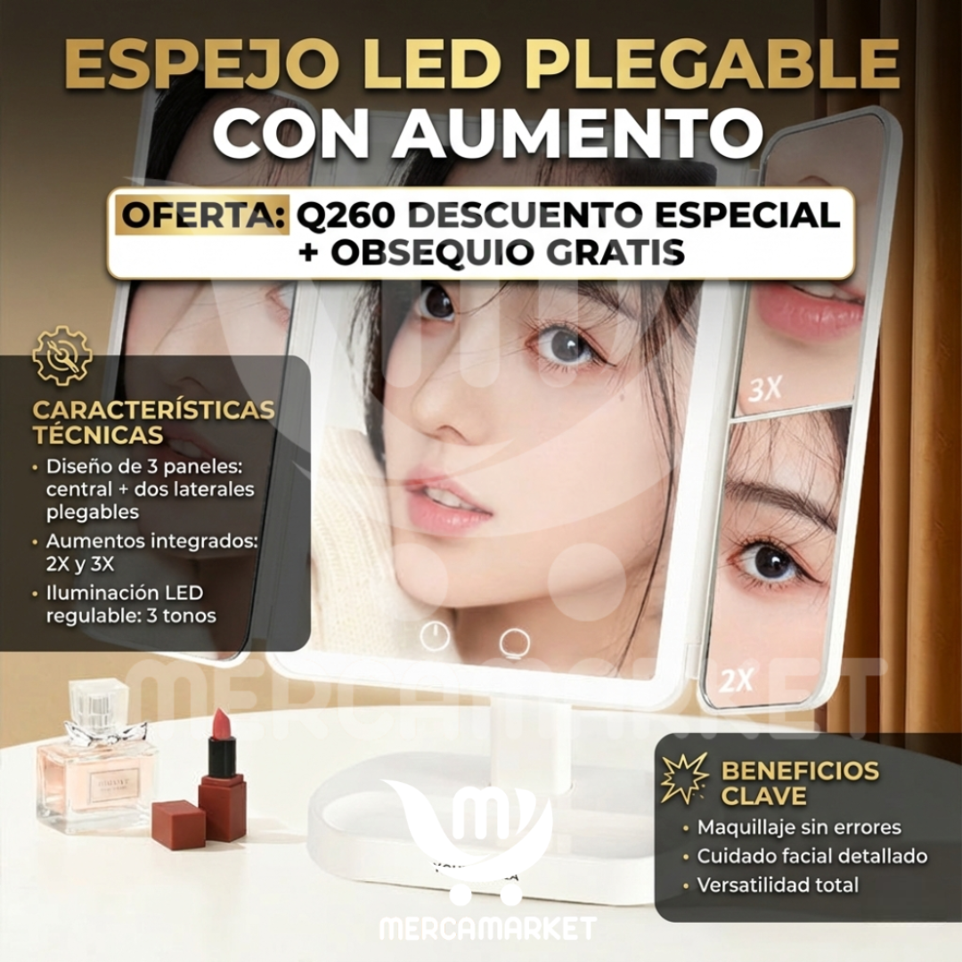 [💎 PRECIO IMPORTADOR + REGALO] Espejo LED Plegable con Aumento X3