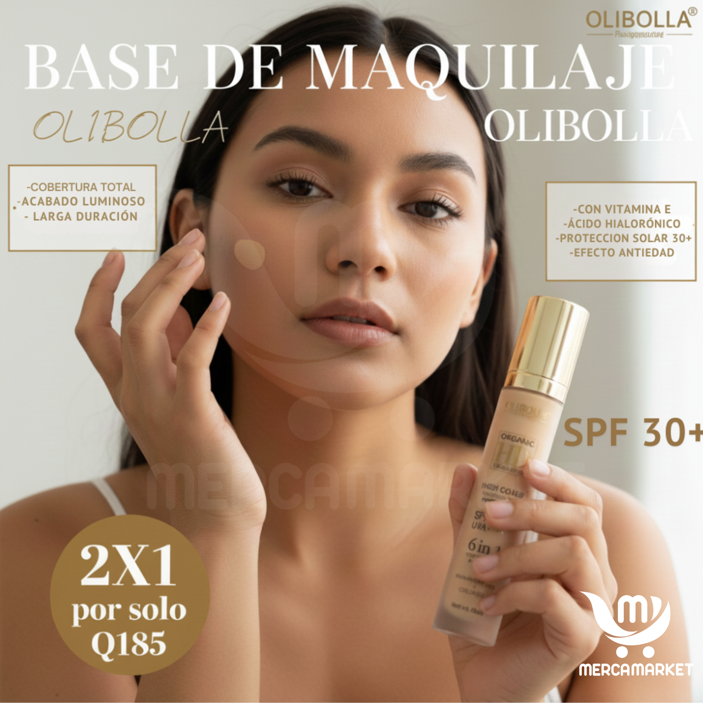 2X1 Base de maquillaje- Con protección solar SPF 30+, Colágeno + vitamina E para cuidado facial